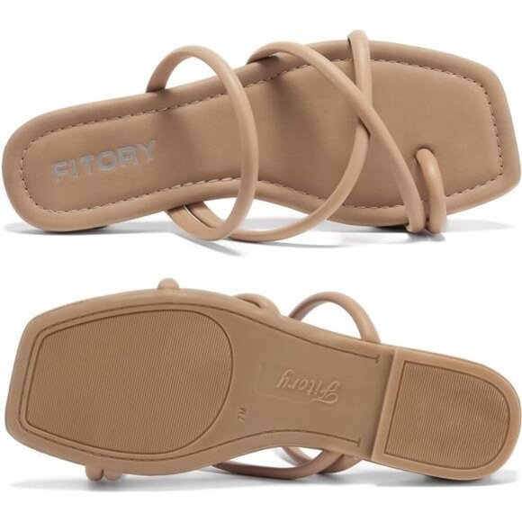 Womens Flat Slide Sandals Toe Ring Thong Strappy Summer Slip On Shoes Size - Picture 2 of 7